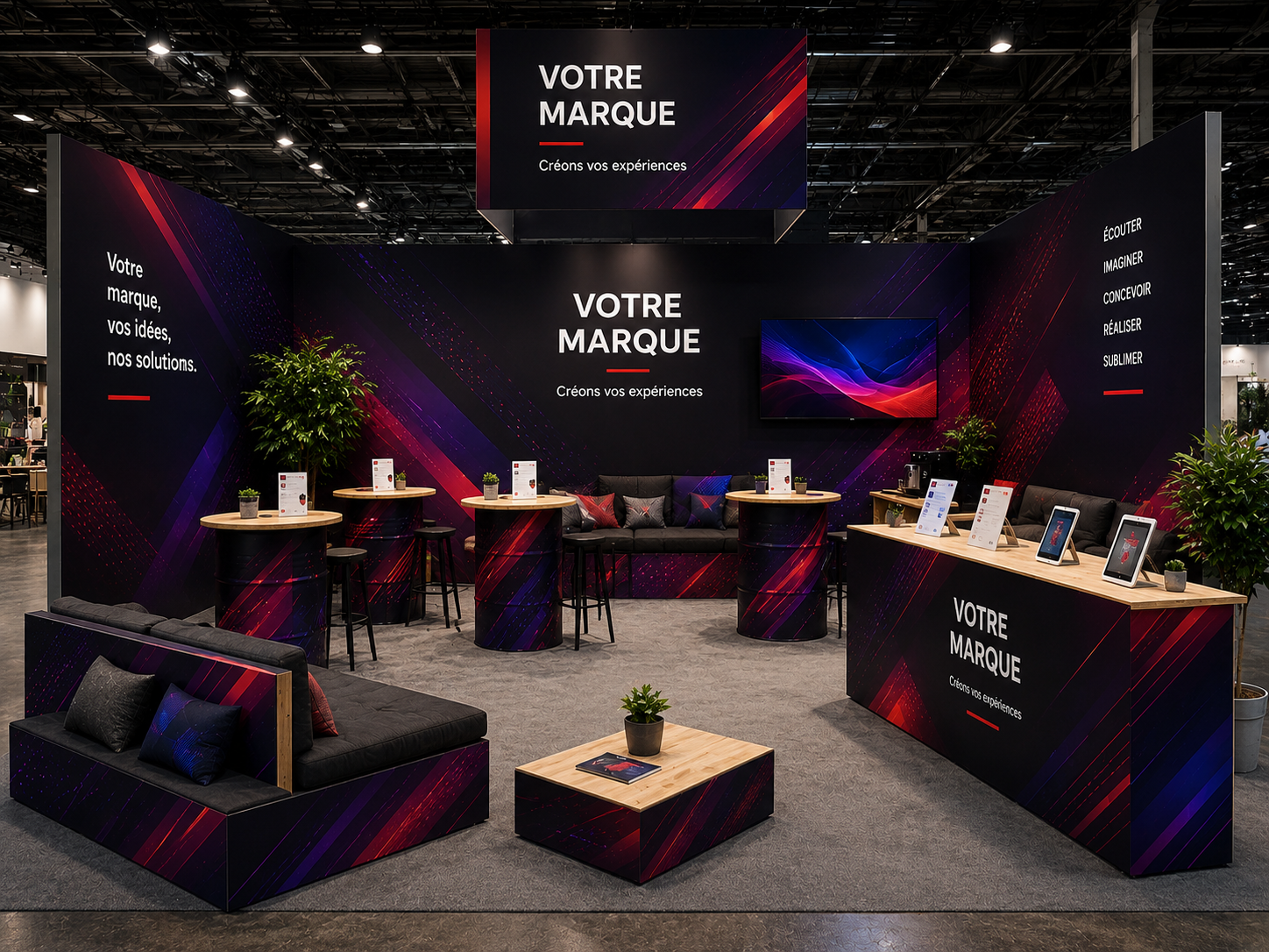 Stand de salon avec mobilier en bidons et palettes