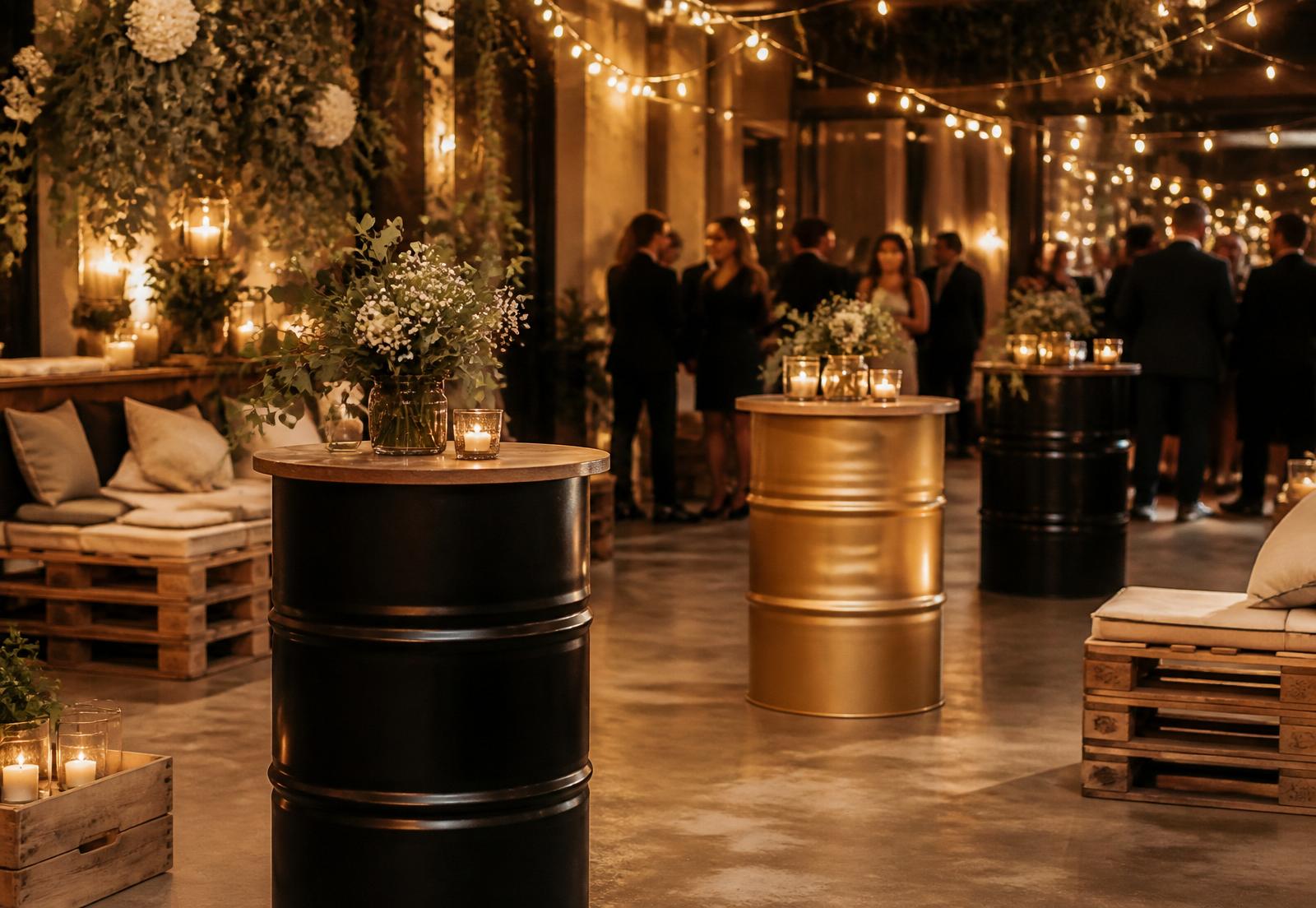 Cocktail de mariage avec mange-debout en bidons et banquettes en palettes